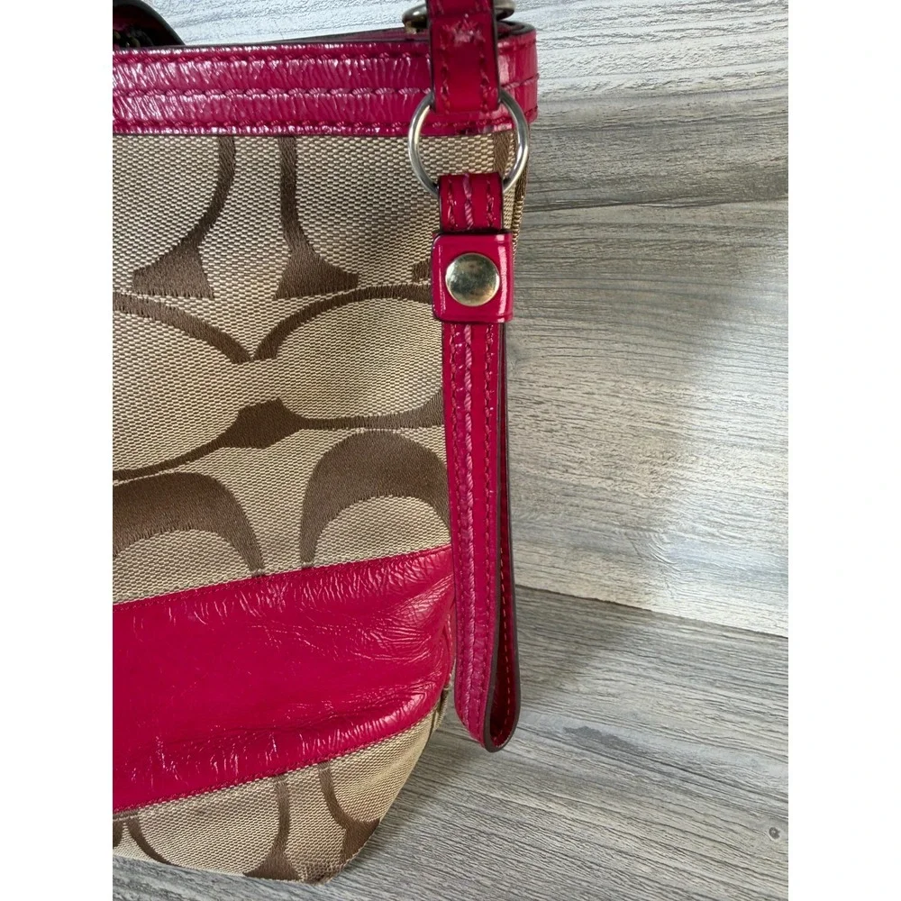 Coach Signature Stripe Canvas Leather Tote Handbag No#CO868-2429 Khaki Pink Y2K - Picture 4 of 11